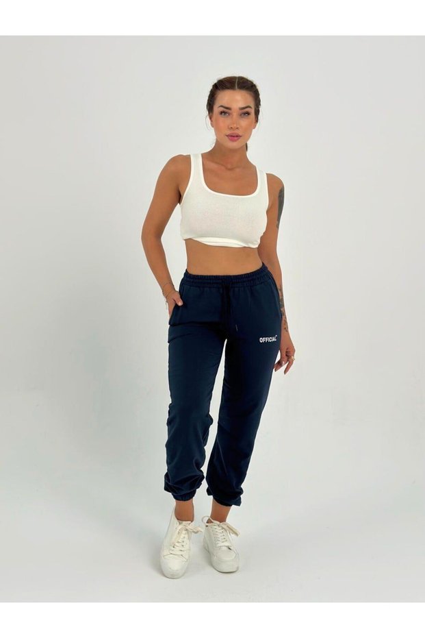 Women's High Waist Elastic Navy Blue Sweatpants