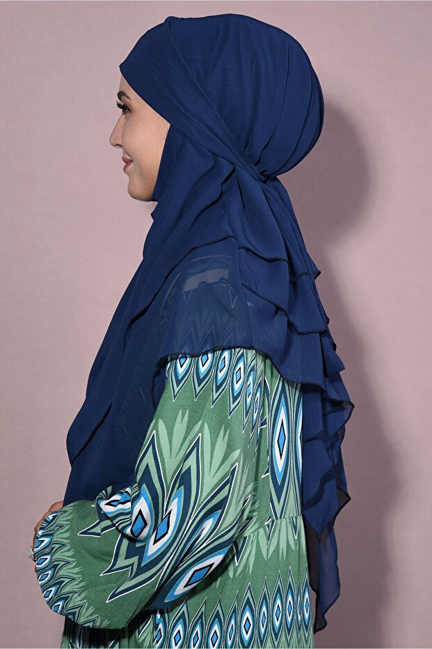 Chiffon Souffle Khimar Medium Size Hijab Navy Blue - Navy