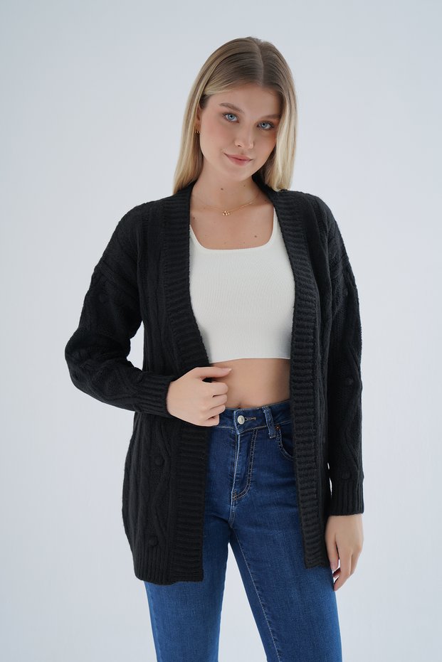 Women's Black Oversize Pom-Pom Braided Long Wool Blend Knitwear Knitted Cardigan Trist-6165