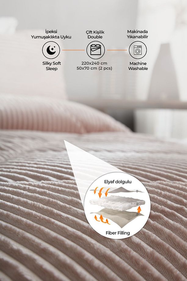 Sherpa Çift Taraflı Yorgan Seti ( Uyku Seti ) Yumuşak Günlük Wellsoft Çift Kişilik 3 Parça Pudra - 2