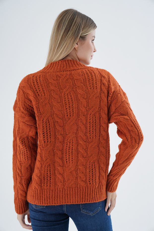 Women's Orange Oversize V-Neck Hair Braided Openwork Buttoned Wool Blend Knitwear Knitted Long Cardigan