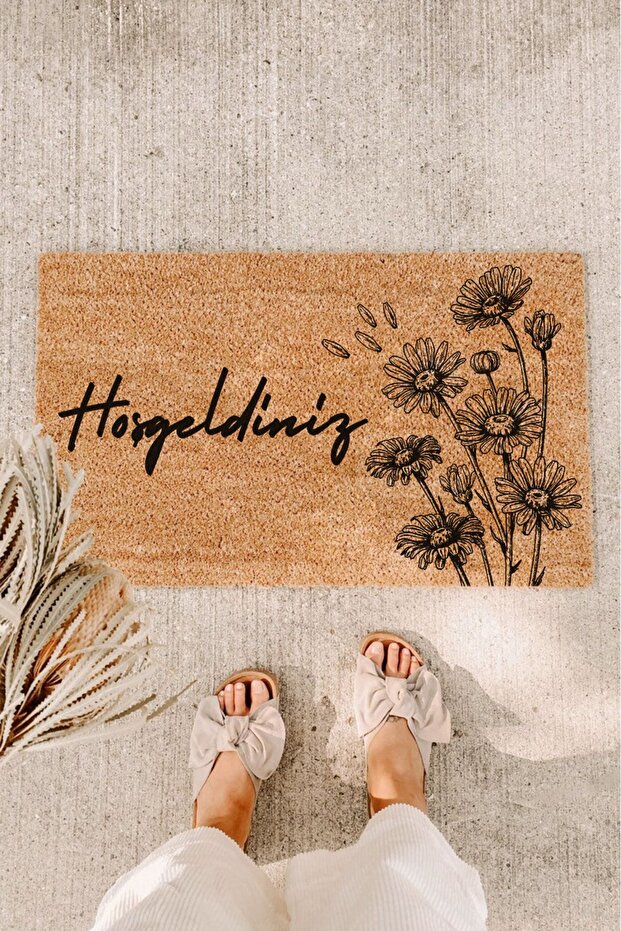 Solda Hoşgeldiniz Yazılı Ve Sağda Çiçek Çizimli Kapı Paspası Koko Paspas Ev Giriş Paspası - 1