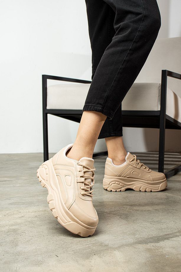 Günlük Kadın Bej Spor Ayakkabı Bağcıklı Kalın Hafif Yüksek Taban Sneaker 001 - 5