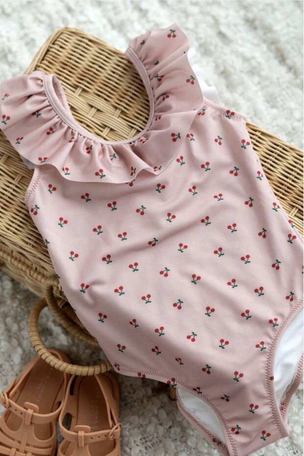 ملابس سباحة صغيرة للأطفال مكشكشة بنمط الكرز - 1