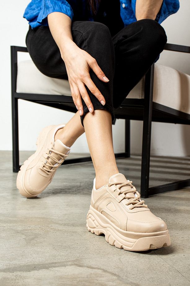 Günlük Kadın Bej Spor Ayakkabı Bağcıklı Kalın Hafif Yüksek Taban Sneaker 001 - 1