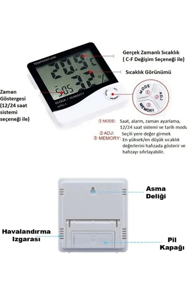 Termometre Dijital Sıcaklık Ve Nem Ölçer Duvar Tipi Masa Tipi Lcd Ekran Saat - 5