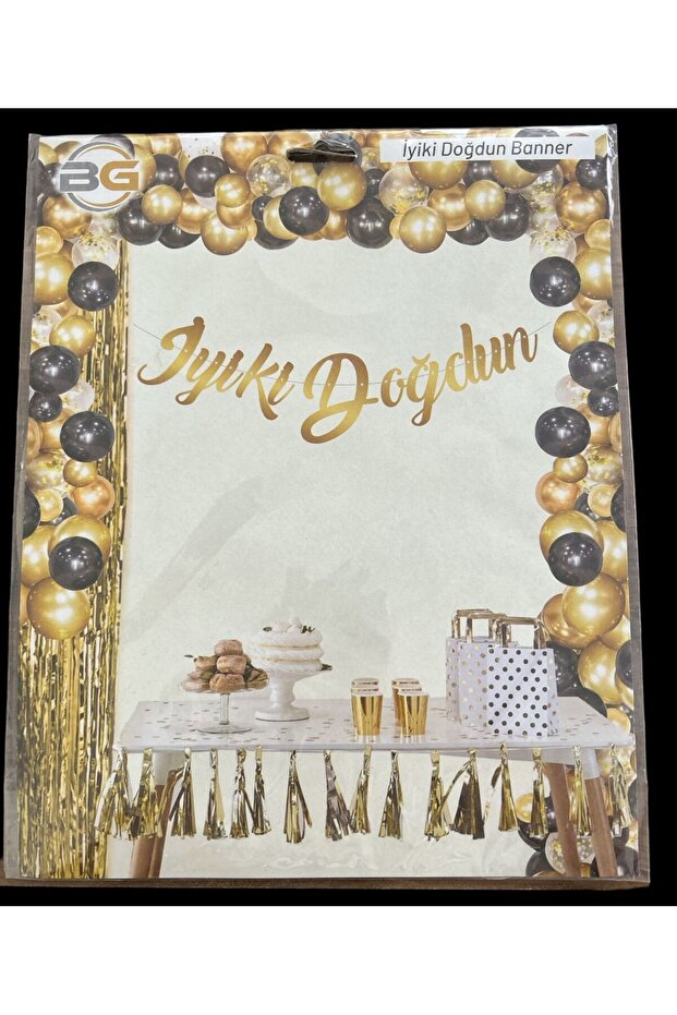 GOLD CALLIGRAPHY BANNER WITH "HAPPY BIRTHDAY" TEXT.