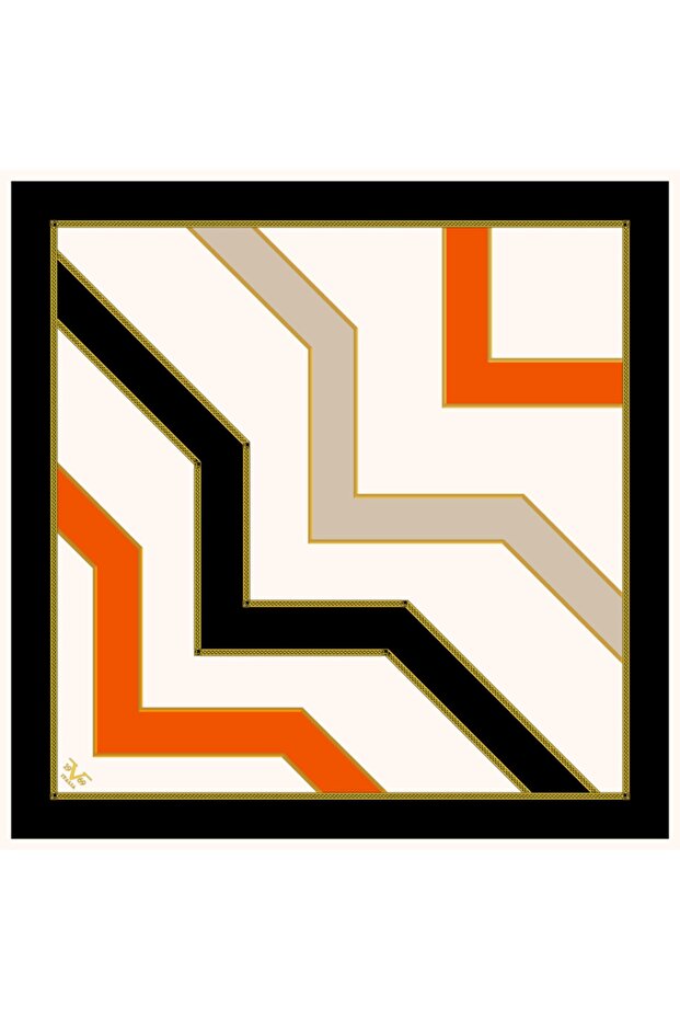 Cream Orange Twill Scarf Geometric Pattern Gold Series With Scarf Strap And Gift Set 90x90 Cm
