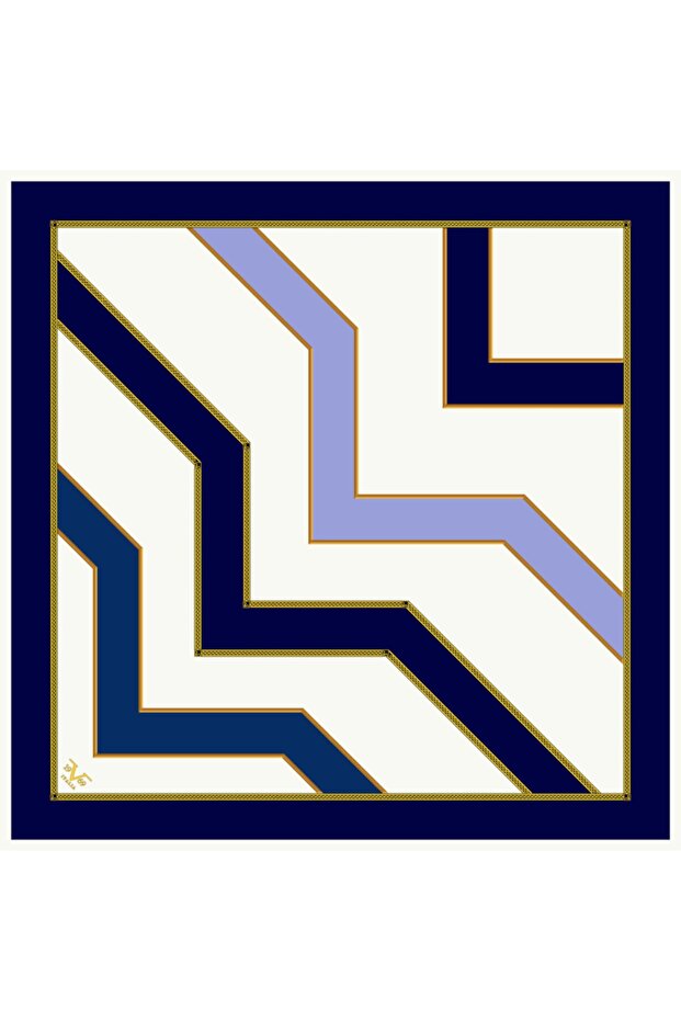 Cream Navy Blue Twill Geometric Pattern Gold Series with Scarf Hanger and Gift Set 90x90 Cm
