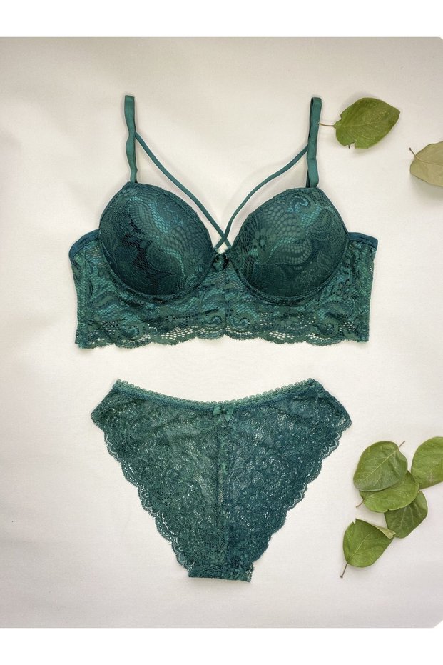 Women's Lace Unsupported Bralette Green Bra Set
