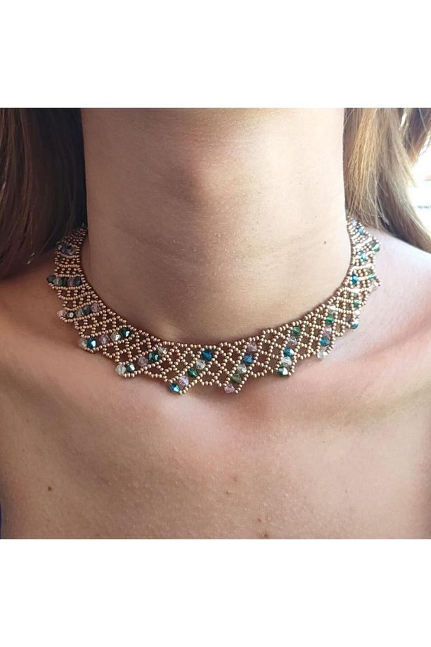 El Yapımı Kristal Taş Detaylı Choker Kolye - 1