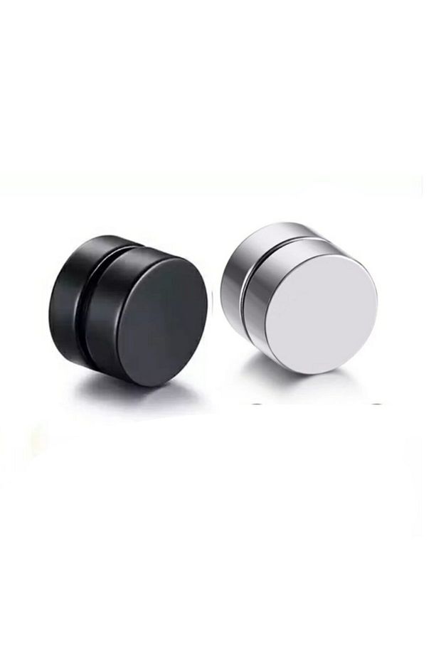 2 Adet Set Siyah Gümüş Düz Yuvarlak Mıknatıslı Erkek Küpe 8mm Mıknatıs Çelik Manyetik - 2