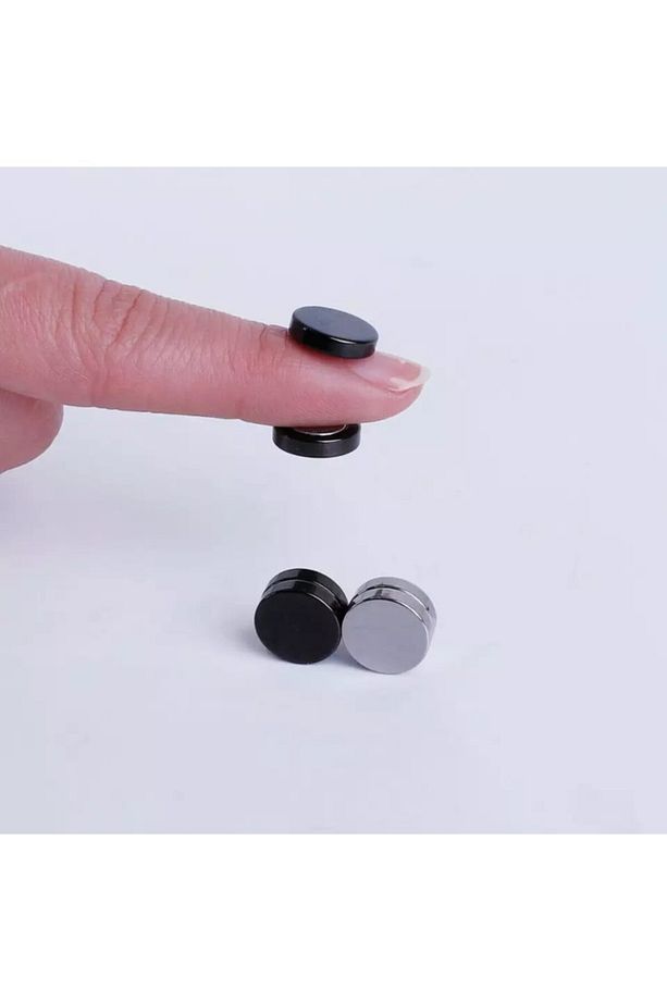 2 Adet Set Siyah Gümüş Düz Yuvarlak Mıknatıslı Erkek Küpe 8mm Mıknatıs Çelik Manyetik - 4
