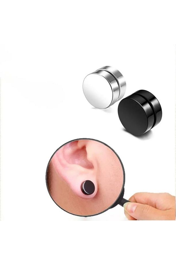 2 Adet Set Siyah Gümüş Düz Yuvarlak Mıknatıslı Erkek Küpe 8mm Mıknatıs Çelik Manyetik - 5