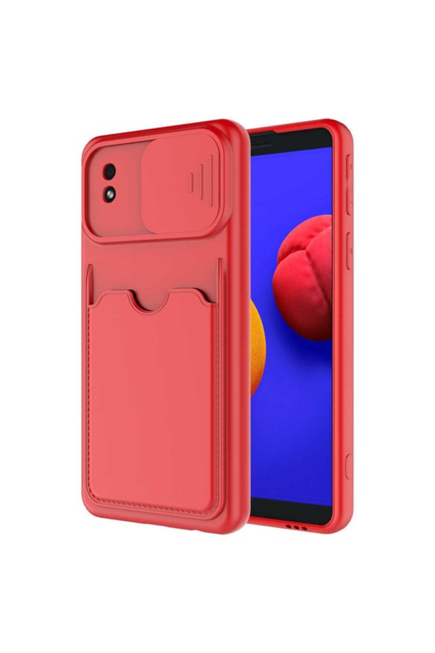Galaxy A01 Core Case with Slide Camera Protection and Card Holder Compartment on the Back, Pastel Colored Red