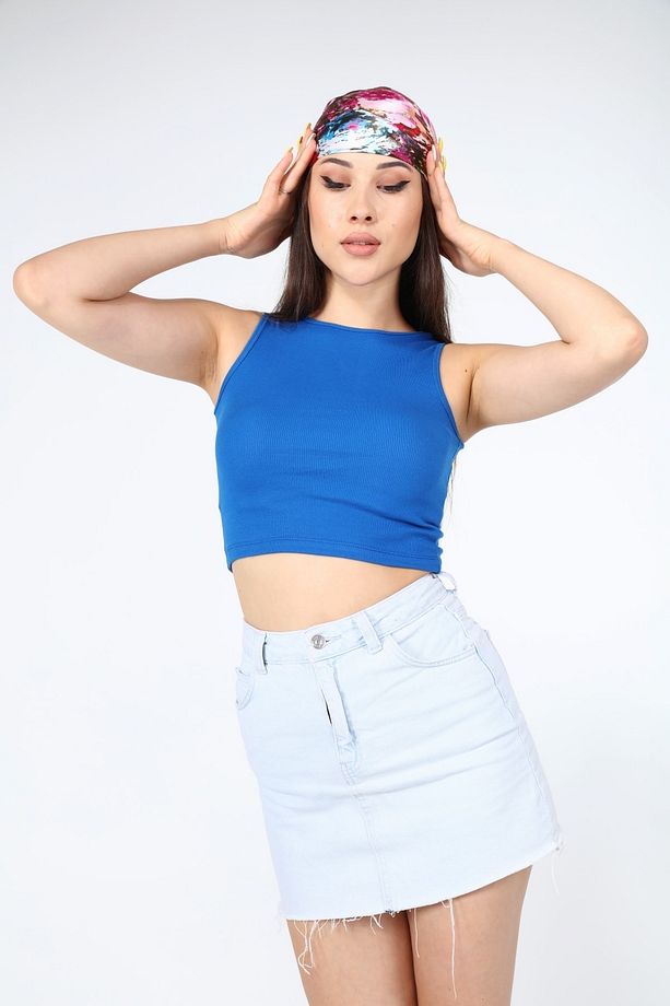 Kadın Mavi Basic Askılı Crop Top - 6