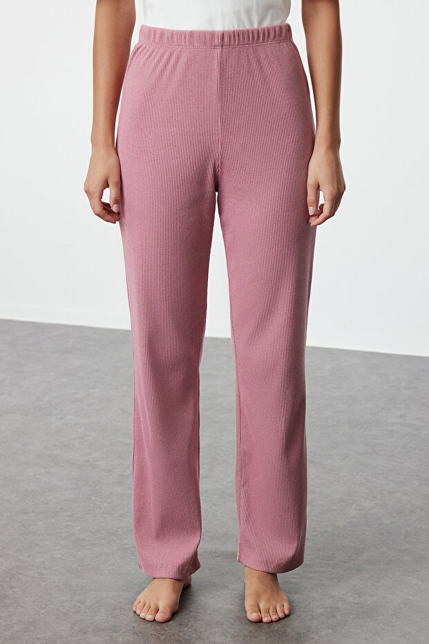 Beyaz-Pembe Kurdele/Fiyonk Baskılı Üst Süprem Alt Kaşkorse Örme Pijama Takımı THMAW25PT00018 - 4
