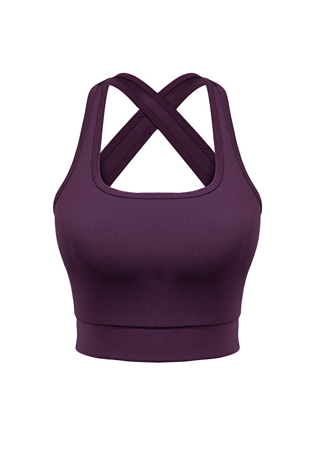 Mürdüm Destekli/Şekillendirici Sırt Detaylı Kalın Askılı Örme Spor Sütyeni TWOSS22SS0040 - 7