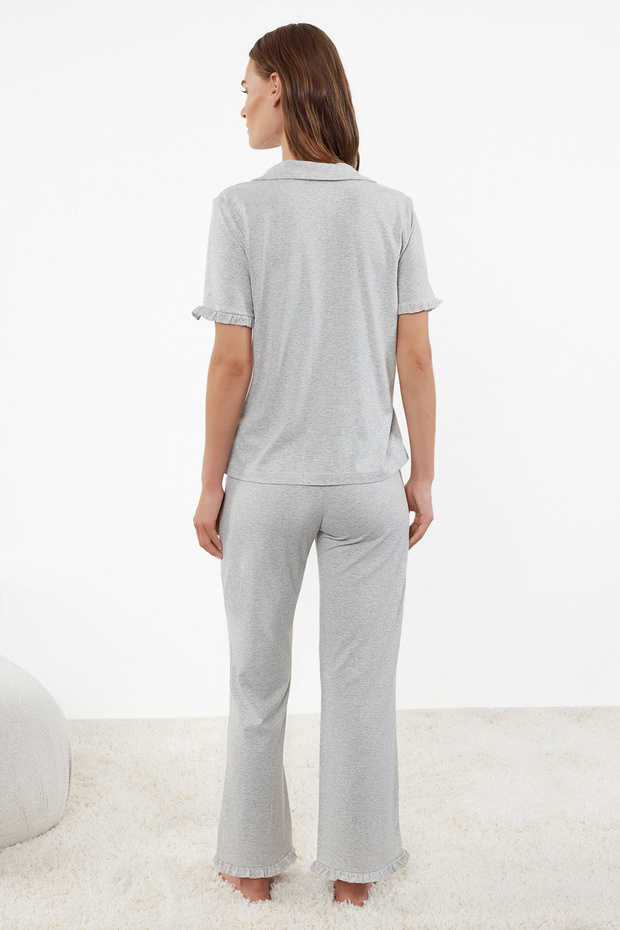 Gri Melanj %100 Pamuklu Fırfır Detaylı Örme Pijama Takımı THMSS24PT00223 - 5