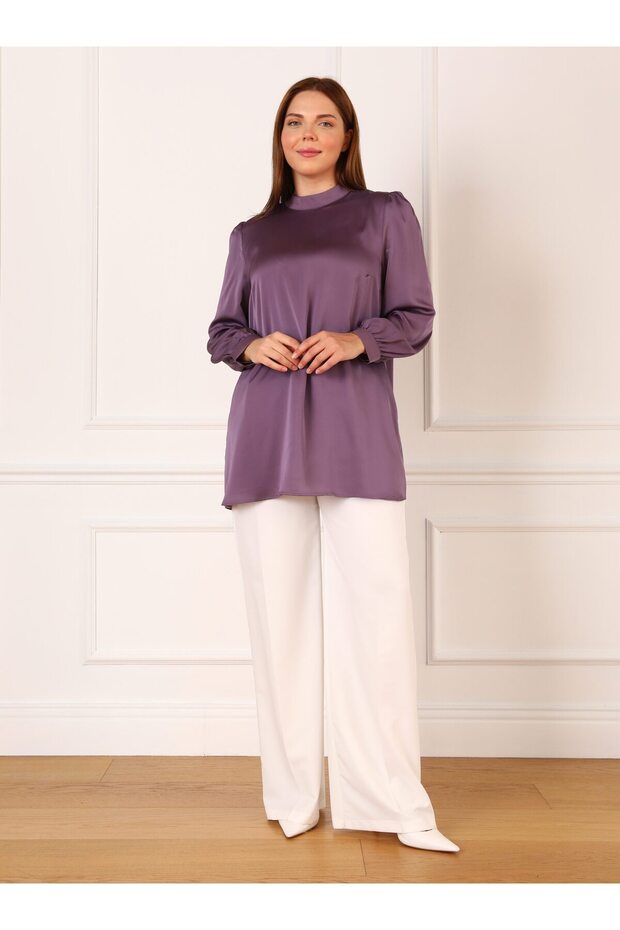 Plus Size Satin Blouse Shirt - Sleeve Detailed - Raspberry - Alia