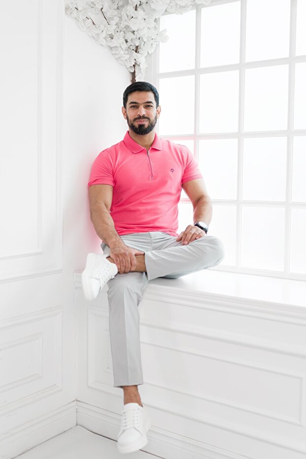 Zippered Polo Collar 100% Cotton Regular Fit T-Shirt