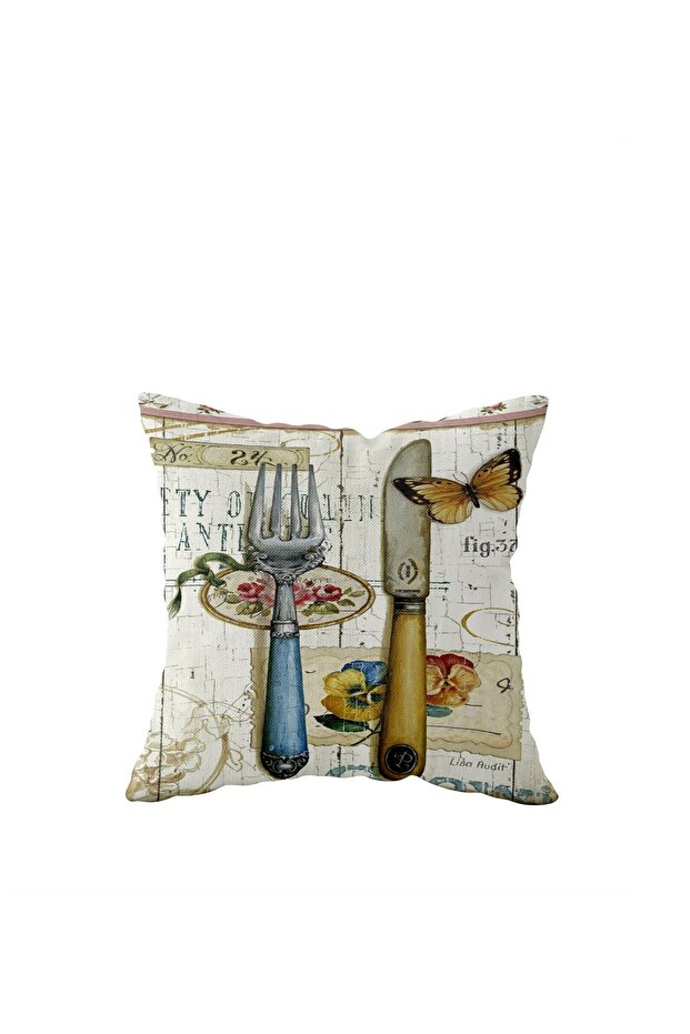 Vintage Butterfly Cutlery Pattern Single Side Hidden Zipper Throw Pillow Sofa Cushion Case
