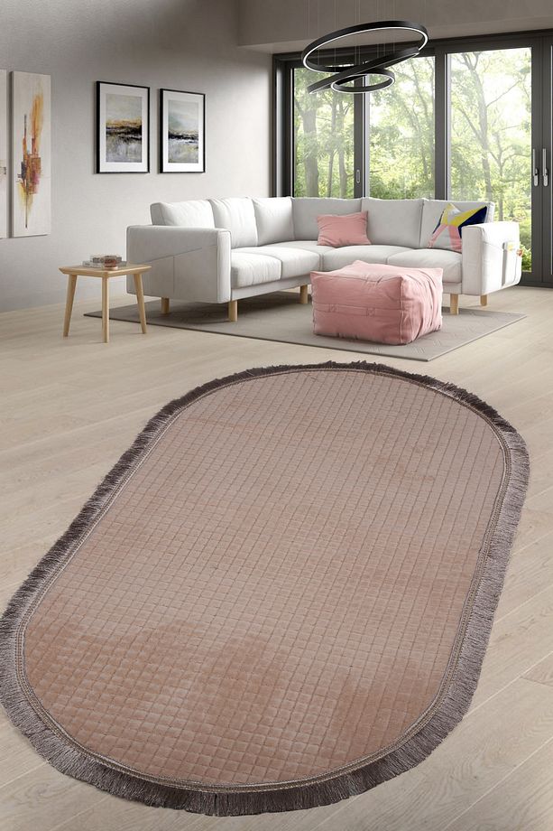 Kare Plus Vizon Kaymaz Tabanlı Makinede Yıkanabilir Oval Spor Düz Saçaklı Yolluk - 1