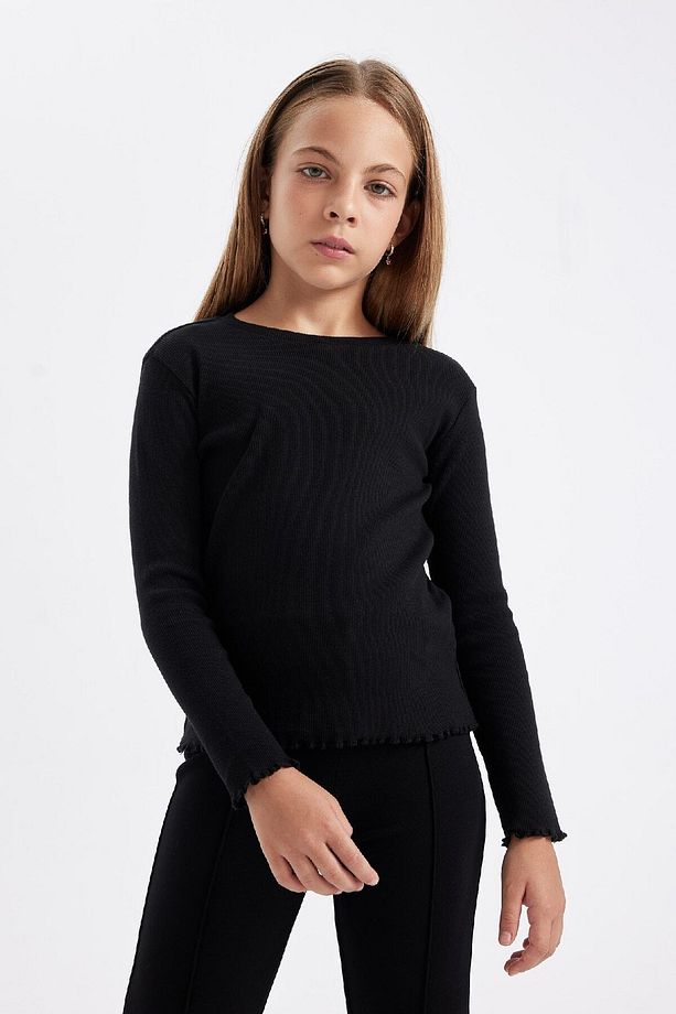 Kız Çocuk Bisiklet Yaka Basic Düz Fitilli Kaşkorse Uzun Kollu Tişört B2387a824au - 3