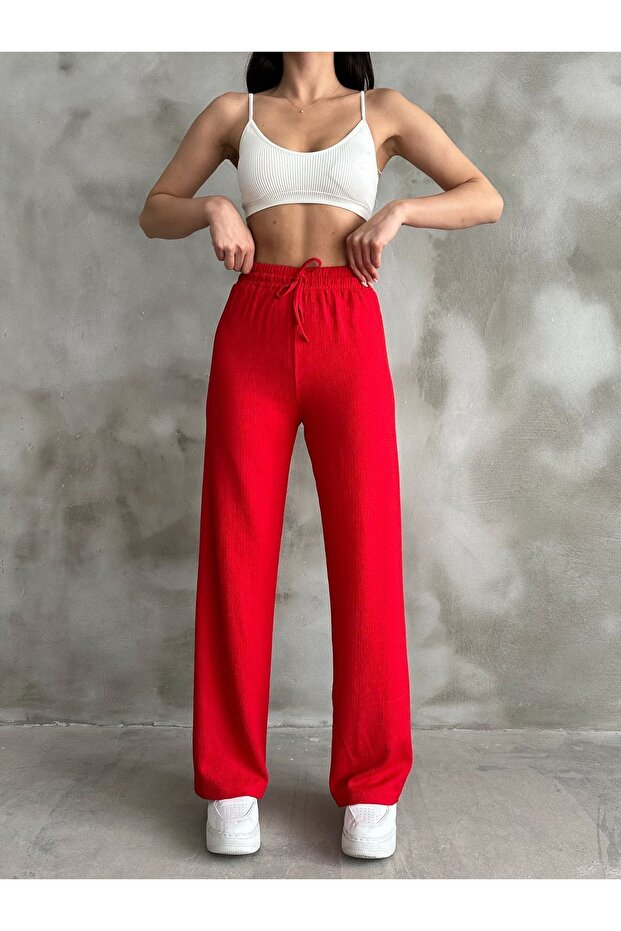 Women's Red Elastic Waist Palazzo Pants