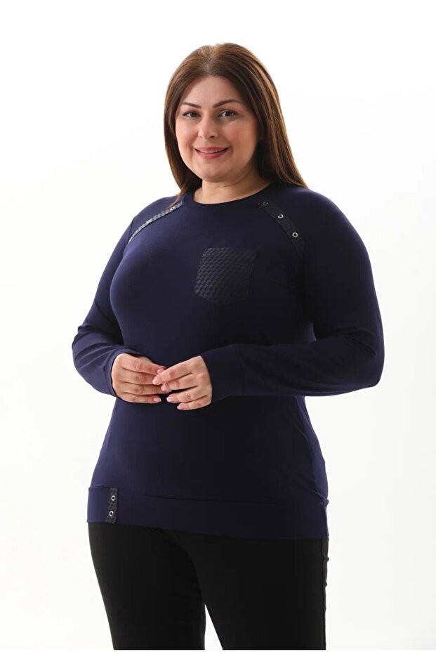 GÜNCÜOĞLU LONG SLEEVE, Pocketed , ROUND-NECK SPORTY JERSEY BLOUSE WITH RIBBED SLEEVES AND HEM.