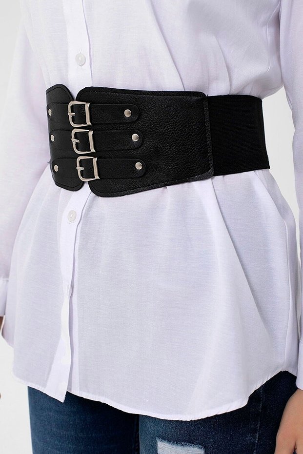Flexible Elastic Detailed Waist Corsage Three Setting Detailed Faux Leather Black Wide Women's Belt 1017