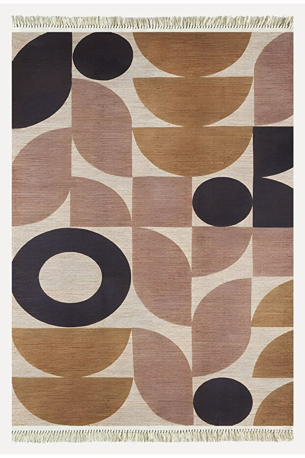 Cotton 68 Powder Camel And Black Pastel Geometric Patterned Woven Rug