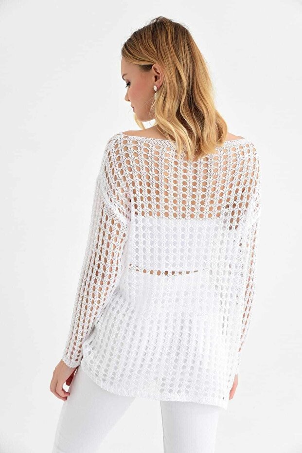 Kadın Beyaz Delikli Triko Bluz - 3