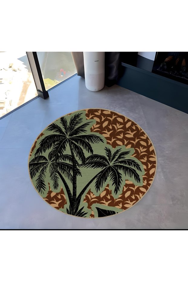 Shape Collection Round Palm Detailed Multicolored Patterned Woven Base Carpet Shape125