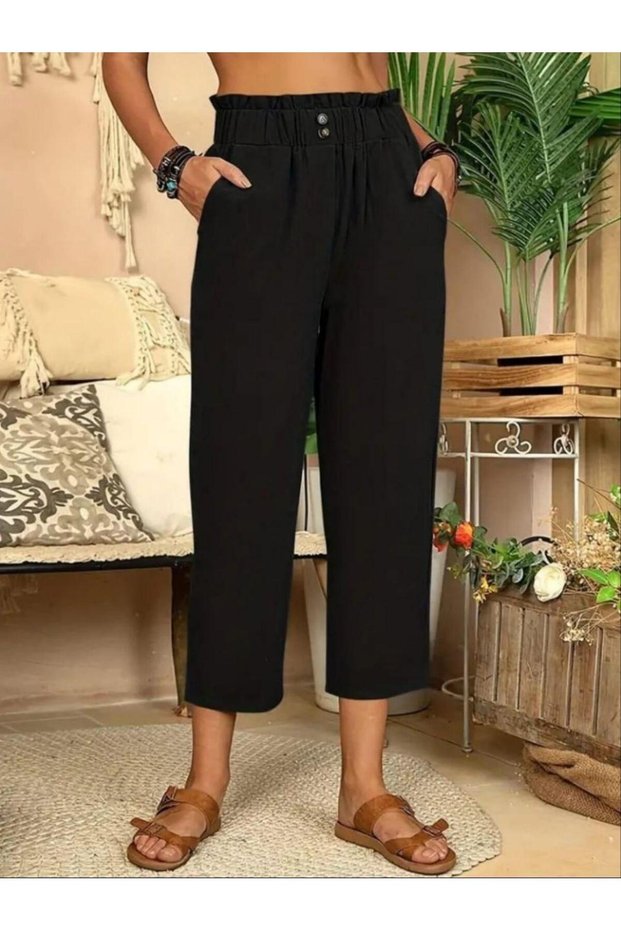 Trend Esinty Women's Button Detail Elastic Linen Fabric Trousers (Colorful)