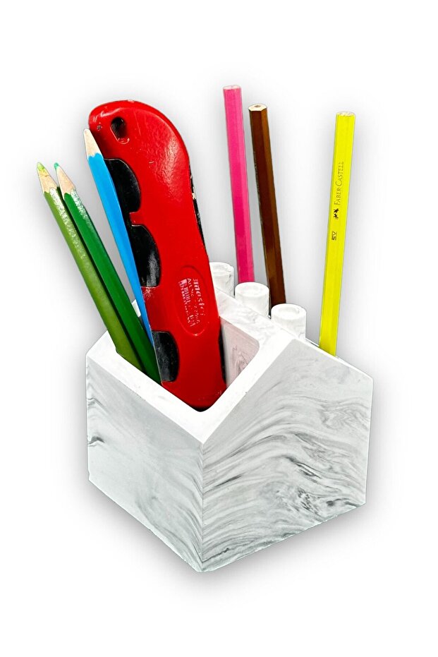 Marble Patterned House Shaped Concrete Pen Holder