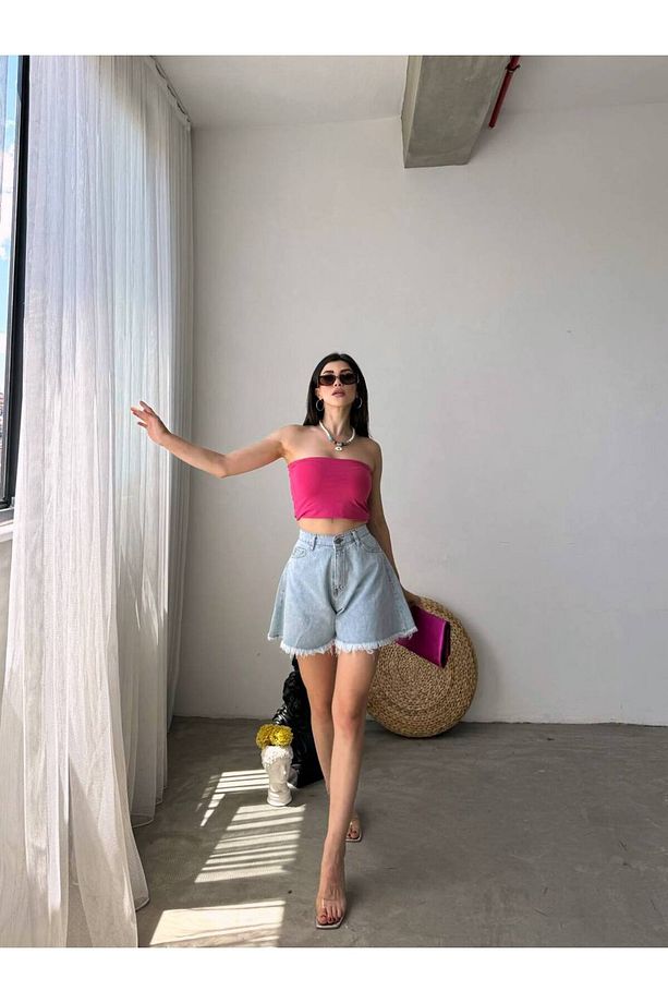 Geniş Paça Püsküllü Denim Şort Kot Şort - 3