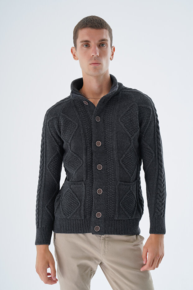 Men's Anthracite Stand Collar Buttoned Wool Knitwear Cardigan with Braided Pockets