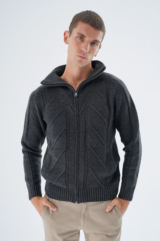 Men's Anthracite Truck Collar Knitted Zipper Pocket Wool Knitwear Knitted Cardigan Trist-5331