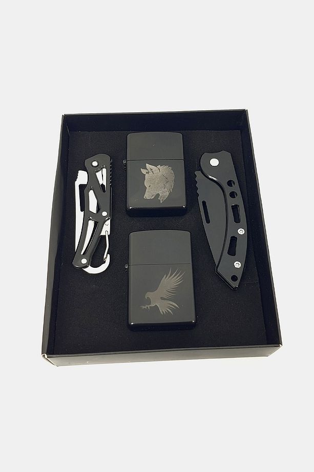 Özel Gün Seti Hediyelik Set 2 Katlanabilir Outdoor Çelik Çakı & 2 Işlemeli Benzinli Çakmak Duble Set - 3