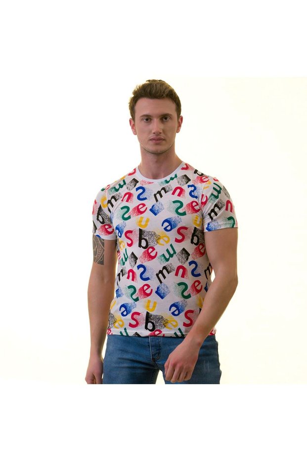 White Colored Alphabet Printed Crew Neck Men's T-Shirt Cotton Combed Cotton T-shirt
