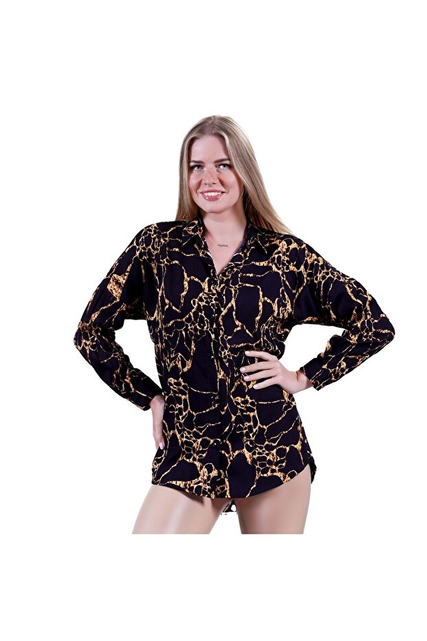 Oversize Comfortable Woven Women's Viscose Long Shirt Tunic with Gold Brown Pattern on Black