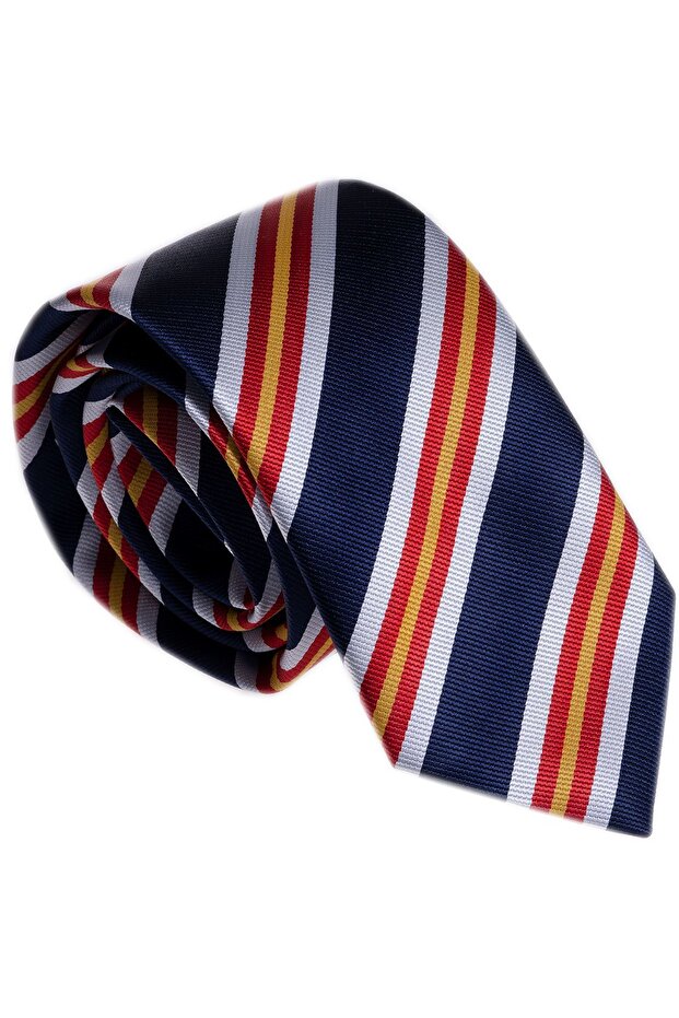 Navy Blue Yellow Red Striped Italian Jacquard Tie