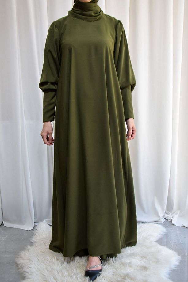 Model Mihriban Medine İpeği Kol Detaylı Tesettür Elbise (Şal Dahil) - Yeşil - MİHRİBAN01004Ş - 4