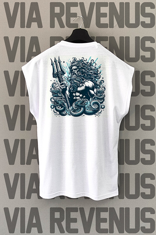Poseidon Back Printed Sleeveless White Sports T-Shirt