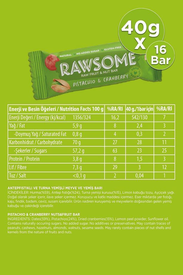 Antep Fıstığı Ve Turna Yemişli Glutensiz Ve Vegan Bar 40g X 16 Adet - 4
