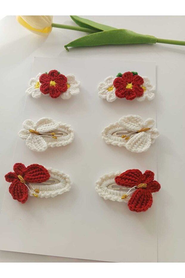 Red Mixed Pattern Organic Handmade 6- Snap Button Clip Set