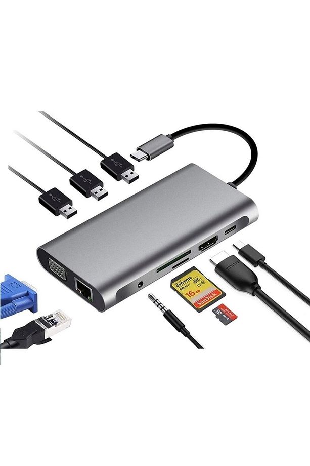10 In 1 Type-c To Vga Hdmı Usb C Ethernet Aux Kart Okuyucu Macbook Uyumlu Usb Hub Adaptör - 1