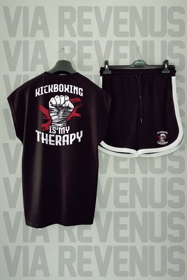 Kickboxing Back Printed Black Zero Sleeve Sports Tshirt and Black Shorts Sport Set