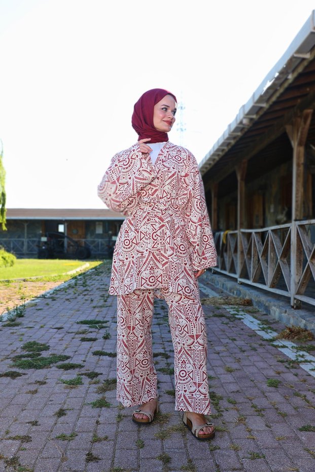 Terracotta Color Ethnic Patterned Şile Fabric Kimono and Trousers Set